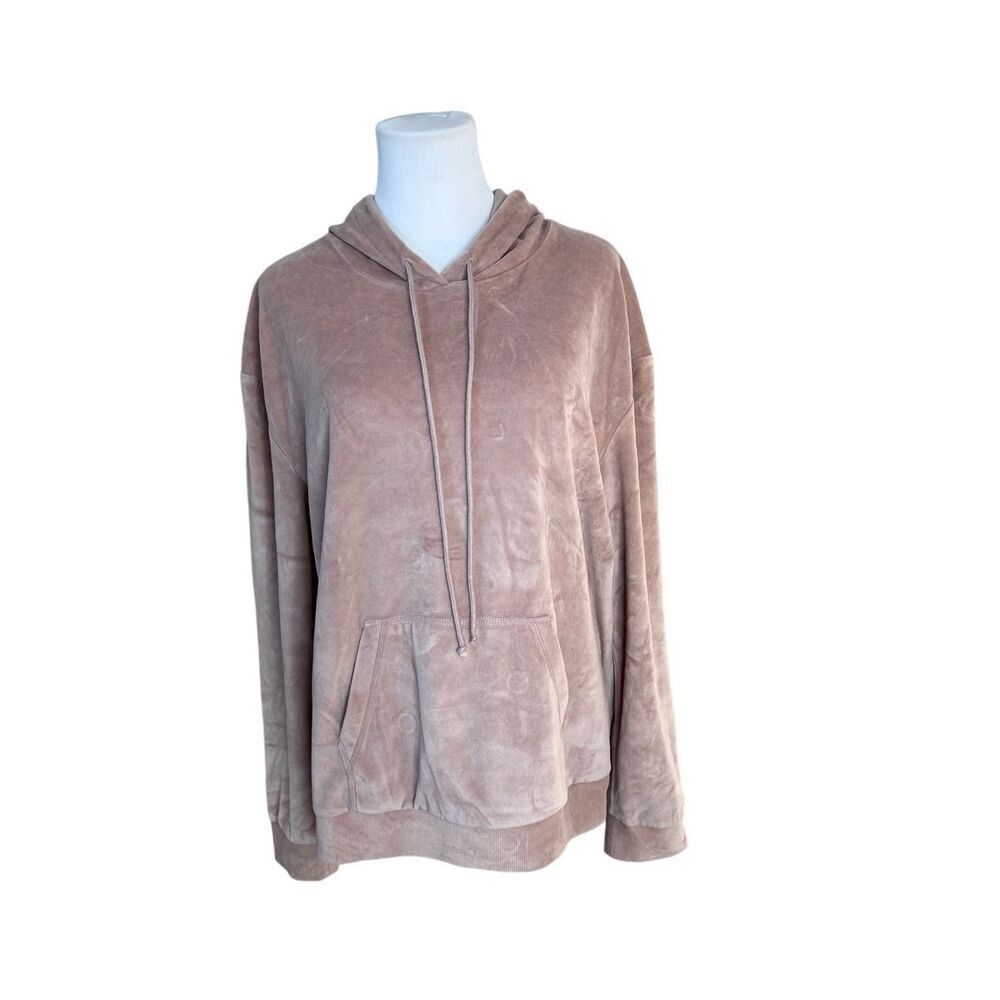 Hive & Honey Taupe Pullover Velour Hooded Sweatshirt LARGE Super Soft Lounging